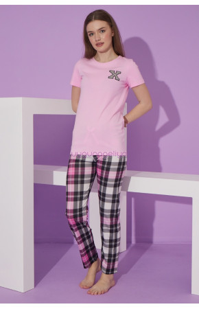 Pembe Renk ve Ekose Desen Teknur 76115 Kısa Kol Modal Kumaş Kadın Pijama Takımı