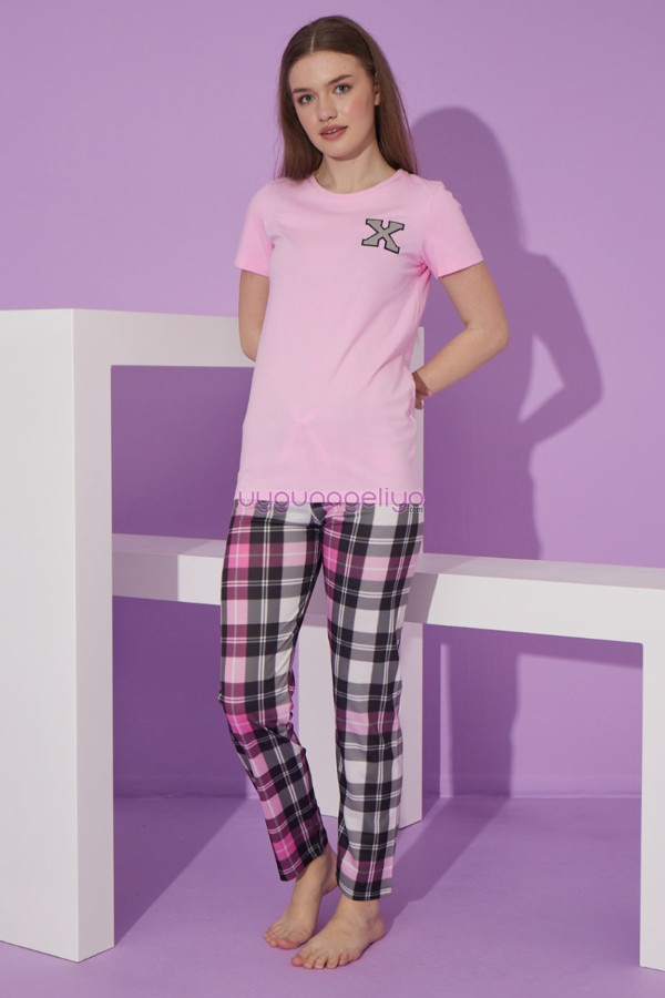 pembe renk ve ekose desen teknur 76115 kısa kol modal kumaş kadın pijama takımı, tknr-76115, bayan pijama takımı