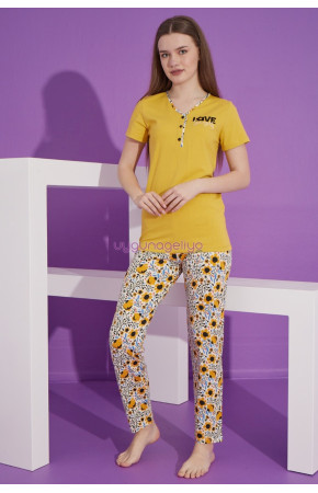 Sarı Renk ve Çiçek Desenli Teknur 76151 Kısa Kol Modal Kumaş Kadın Pijama Takımı