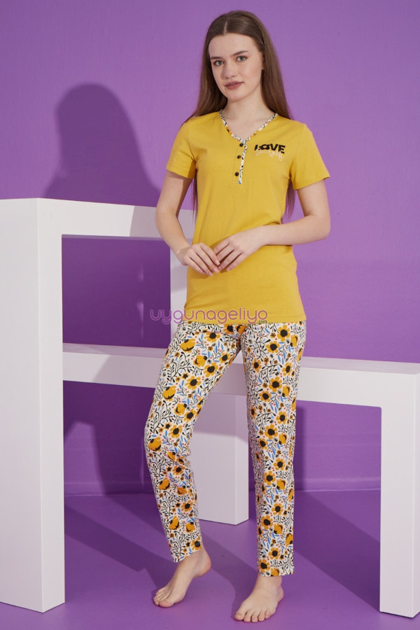 sarı renk ve çiçek desenli teknur 76151 kısa kol modal kumaş kadın pijama takımı, tknr-76151, bayan pijama takımı, Teknur