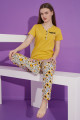 sarı renk ve çiçek desenli teknur 76151 kısa kol modal kumaş kadın pijama takımı, tknr-76151, bayan pijama takımı