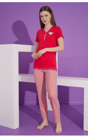 Kırmızı Renk ve Çizgili Desen Teknur 76160 Kısa Kol Modal Kumaş Kadın Pijama Takımı