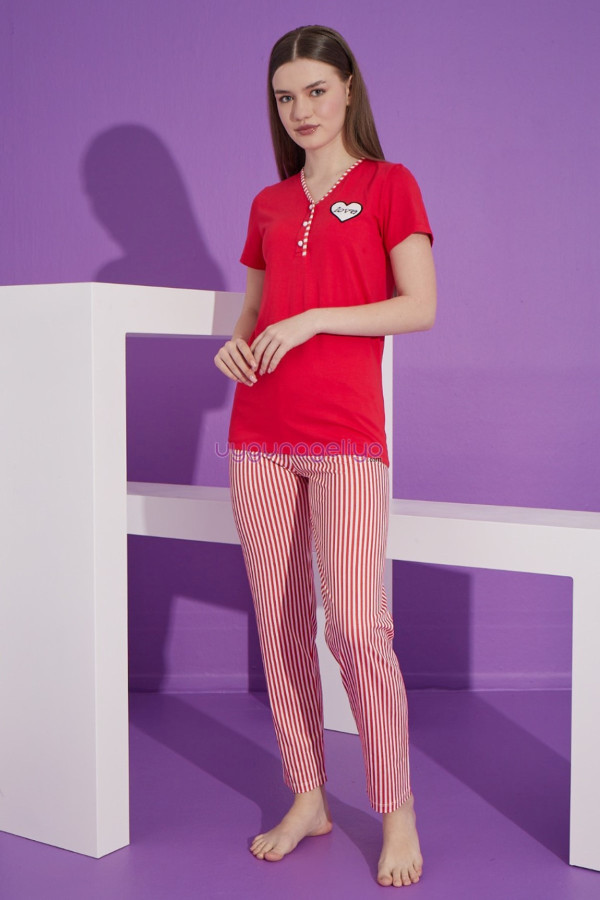 kırmızı renk ve çizgili desen teknur 76160 kısa kol modal kumaş kadın pijama takımı, tknr-76160, bayan pijama takımı, Teknur