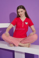 kırmızı renk ve çizgili desen teknur 76160 kısa kol modal kumaş kadın pijama takımı, tknr-76160, bayan pijama takımı, Teknur