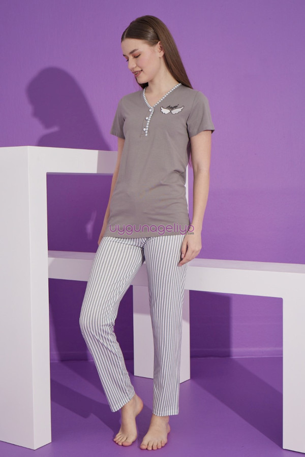 gri renk ve çizgili desen teknur 76161 kısa kol modal kumaş kadın pijama takımı, tknr-76161, bayan pijama takımı, Teknur