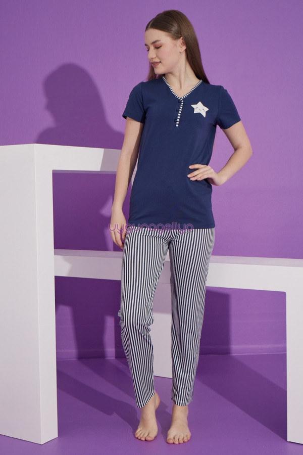 lacivert renk ve çizgili desen teknur 76163 kısa kol modal kumaş kadın pijama takımı, tknr-76163, bayan pijama takımı, Teknur