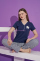lacivert renk ve çizgili desen teknur 76163 kısa kol modal kumaş kadın pijama takımı, tknr-76163, bayan pijama takımı, Teknur