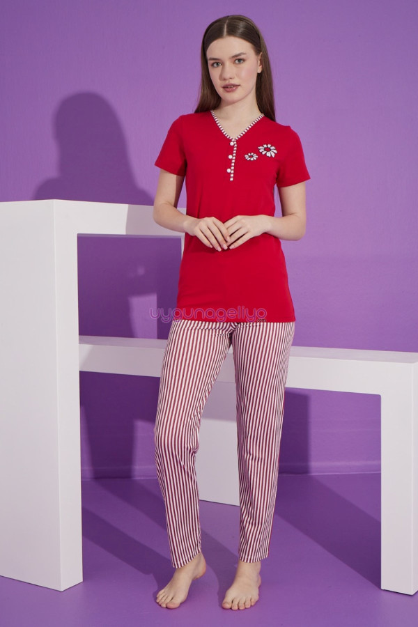 bordo renk ve çizgili desen teknur 76164 kısa kol modal kumaş kadın pijama takımı, tknr-76164, bayan pijama takımı, Teknur