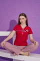 bordo renk ve çizgili desen teknur 76164 kısa kol modal kumaş kadın pijama takımı, tknr-76164, bayan pijama takımı, Teknur