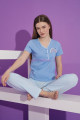 mavi renk ve çizgili desen teknur 76169 kısa kol modal kumaş kadın pijama takımı, tknr-76169, bayan pijama takımı, Teknur