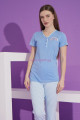 mavi renk ve çizgili desen teknur 76169 kısa kol modal kumaş kadın pijama takımı, tknr-76169, bayan pijama takımı, Teknur