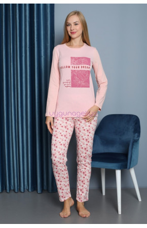 Pembe Renk Yuvarlak Yaka Teknur P2061 Uzun Kol Pamuklu Kumaş Kadın Pijama Takımı