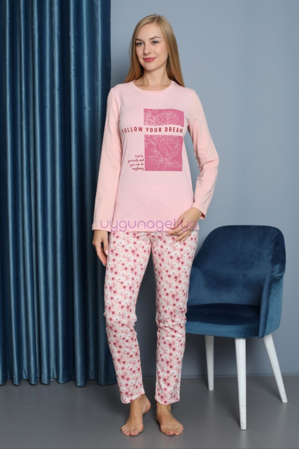 pembe renk yuvarlak yaka teknur p2061 uzun kol pamuklu kumaş kadın pijama takımı, teknur-p2061, teknur pijama takımı