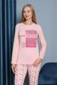 pembe renk yuvarlak yaka teknur p2061 uzun kol pamuklu kumaş kadın pijama takımı, teknur-p2061, teknur pijama takımı, Teknur