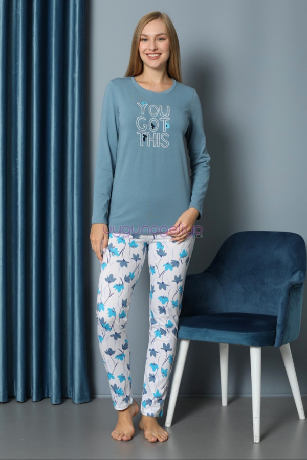 mavi renk yuvarlak yaka teknur p2067 uzun kol pamuklu kumaş kadın pijama takımı, teknur-p2067, teknur pijama takımı
