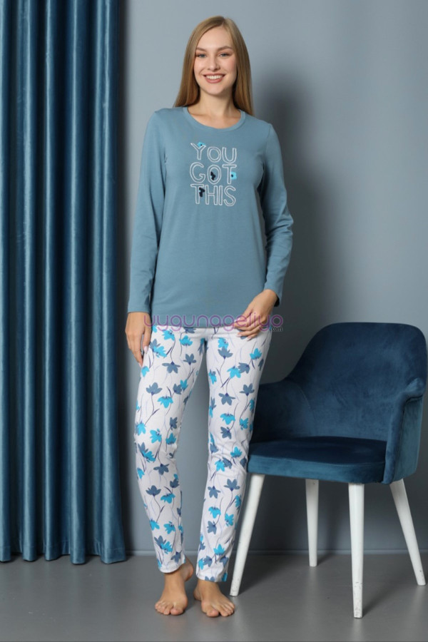 mavi renk yuvarlak yaka teknur p2067 uzun kol pamuklu kumaş kadın pijama takımı, teknur-p2067, teknur pijama takımı, Teknur