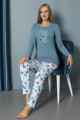 mavi renk yuvarlak yaka teknur p2067 uzun kol pamuklu kumaş kadın pijama takımı, teknur-p2067, teknur pijama takımı, Teknur