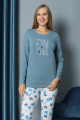 mavi renk yuvarlak yaka teknur p2067 uzun kol pamuklu kumaş kadın pijama takımı, teknur-p2067, teknur pijama takımı