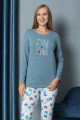 mavi renk yuvarlak yaka teknur p2067 uzun kol pamuklu kumaş kadın pijama takımı, teknur-p2067, teknur pijama takımı, Teknur