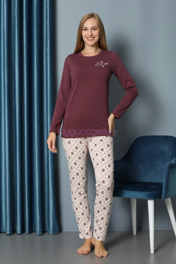 kahverengi yuvarlak yaka teknur p2069 uzun kol pamuklu kumaş kadın pijama takımı, teknur-p2069, teknur pijama takımı, Teknur