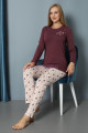 kahverengi yuvarlak yaka teknur p2069 uzun kol pamuklu kumaş kadın pijama takımı, teknur-p2069, teknur pijama takımı, Teknur