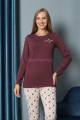 kahverengi yuvarlak yaka teknur p2069 uzun kol pamuklu kumaş kadın pijama takımı, teknur-p2069, teknur pijama takımı, Teknur