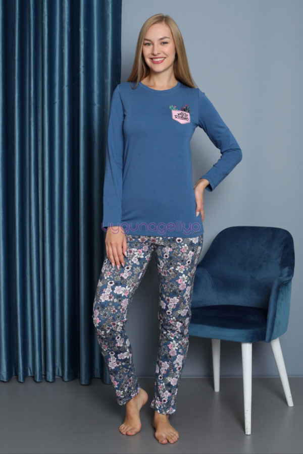 koyu mavi renkli yuvarlak yaka teknur p2071 uzun kol pamuklu kumaş kadın pijama takımı, teknur-p2071, teknur pijama takımı, Teknur