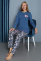 koyu mavi renkli yuvarlak yaka teknur p2071 uzun kol pamuklu kumaş kadın pijama takımı, teknur-p2071, teknur pijama takımı, Teknur