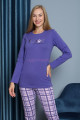 mor renkli yuvarlak yaka teknur p2072 uzun kol pamuklu kumaş kadın pijama takımı, teknur-p2072, teknur pijama takımı