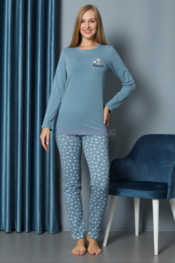 mavi renkli yuvarlak yaka teknur p2074 uzun kol pamuklu kumaş kadın pijama takımı, teknur-p2074, teknur pijama takımı, Teknur