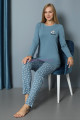 mavi renkli yuvarlak yaka teknur p2074 uzun kol pamuklu kumaş kadın pijama takımı, teknur-p2074, teknur pijama takımı
