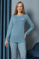 mavi renkli yuvarlak yaka teknur p2074 uzun kol pamuklu kumaş kadın pijama takımı, teknur-p2074, teknur pijama takımı