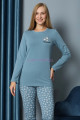 mavi renkli yuvarlak yaka teknur p2074 uzun kol pamuklu kumaş kadın pijama takımı, teknur-p2074, teknur pijama takımı, Teknur
