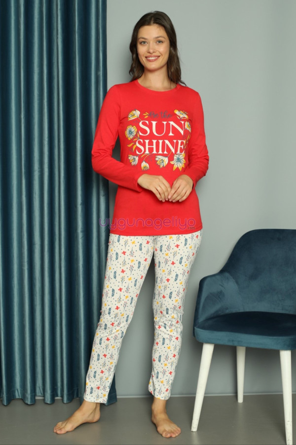 kırmızı renkli yuvarlak yaka teknur p2076 uzun kol pamuklu kumaş kadın pijama takımı, teknur-p2076, teknur pijama takımı, Teknur