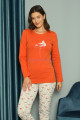 kırmızı renkli yuvarlak yaka teknur p2080 uzun kol pamuklu kumaş kadın pijama takımı, teknur-p2080, teknur pijama takımı
