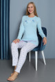 açık mavi renkli yuvarlak yaka teknur p2088 uzun kol pamuklu kumaş kadın pijama takımı, teknur-p2088, teknur pijama takımı, Teknur