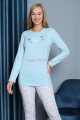 açık mavi renkli yuvarlak yaka teknur p2088 uzun kol pamuklu kumaş kadın pijama takımı, teknur-p2088, teknur pijama takımı