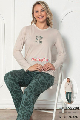 Krem - Haki Renkli Bisiklet Yaka Teknur 2204 Uzun Kol Pamuklu Kumaş Kadın Pijama Takımı