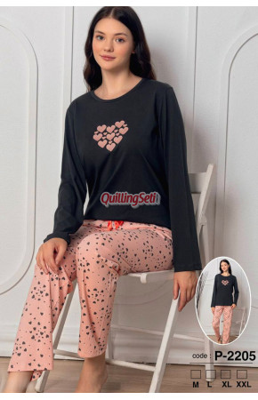 Siyah Renkli Bisiklet Yaka Teknur 2205 Uzun Kol Pamuklu Kumaş Kadın Pijama Takımı