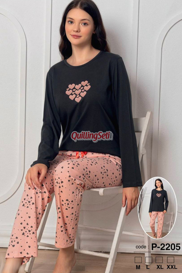 siyah renkli bisiklet yaka teknur 2205 uzun kol pamuklu kumaş kadın pijama takımı, qs-teknur-p2205-m, teknur pijama takımı, Teknur