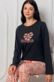 siyah renkli bisiklet yaka teknur 2205 uzun kol pamuklu kumaş kadın pijama takımı, qs-teknur-p2205-m, teknur pijama takımı, Teknur