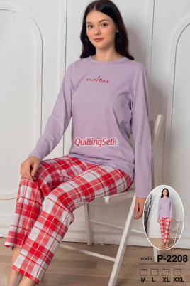 Lila Renk, Bisiklet Yakalı, Uzun Kollu ve  Pamuklu Kumaş Teknur 2208  Kadın Pijama Takımı