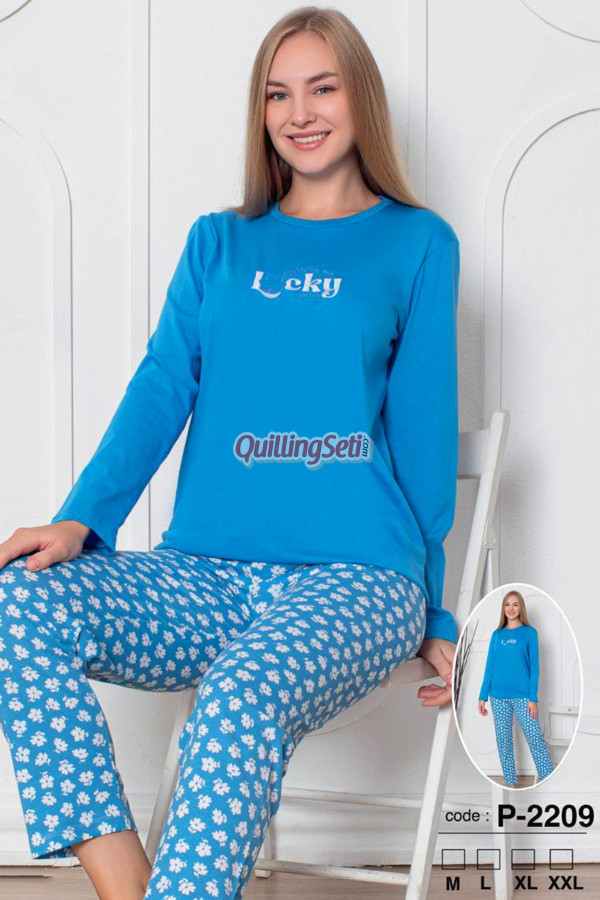 mavi renk, bisiklet yakalı, uzun kollu ve  pamuklu kumaş teknur 2209  kadın pijama takımı, qs-teknur-p2209-m, teknur pijama takımı, Teknur