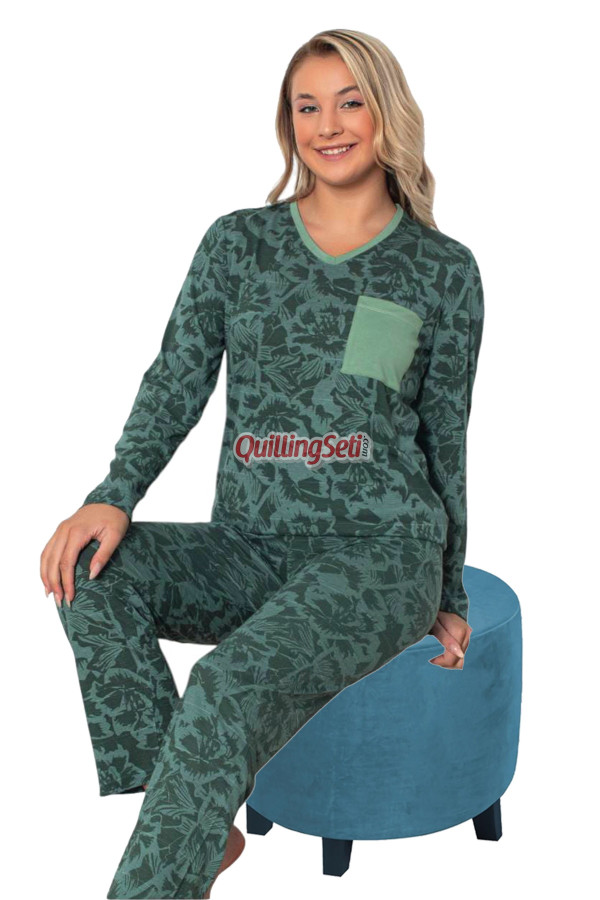 yeşil renk, v yakalı, uzun kollu, yaka cepli  ve  pamuklu kumaş teknur 2253  kadın pijama takımı, qs-teknur-p2253-m, teknur pijama takımı, Teknur