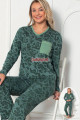yeşil renk, v yakalı, uzun kollu, yaka cepli  ve  pamuklu kumaş teknur 2253  kadın pijama takımı, qs-teknur-p2253-m, teknur pijama takımı, Teknur