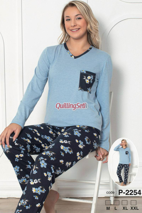 mavi renk, v yakalı, uzun kollu, yaka cepli  ve  pamuklu kumaş teknur 2254  kadın pijama takımı, qs-teknur-p2254-m, teknur pijama takımı, Teknur