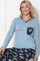 mavi renk, v yakalı, uzun kollu, yaka cepli  ve  pamuklu kumaş teknur 2254  kadın pijama takımı, qs-teknur-p2254-m, teknur pijama takımı, Teknur