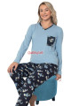 mavi renk, v yakalı, uzun kollu, yaka cepli  ve  pamuklu kumaş teknur 2254  kadın pijama takımı, qs-teknur-p2254-m, teknur pijama takımı, Teknur