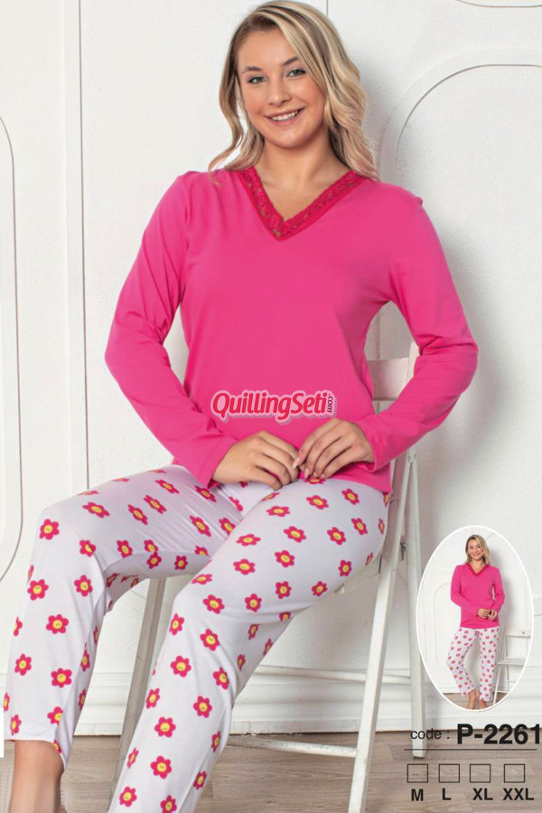 pembe renk, v yakalı, uzun kollu ve pamuklu kumaş teknur 2261  kadın pijama takımı, qs-teknur-p2261-m, teknur pijama takımı, Teknur