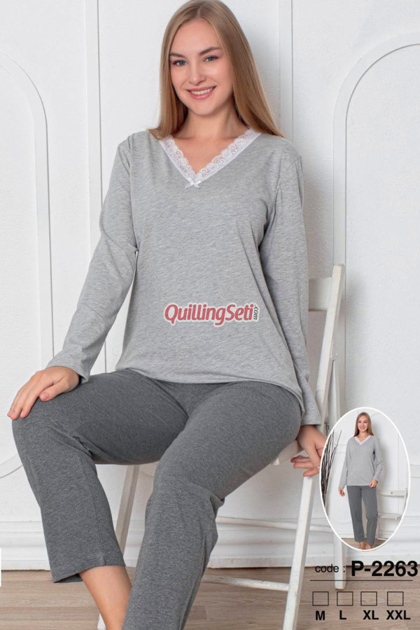 gri renk, v yakalı, uzun kollu ve pamuklu kumaş teknur 2263  kadın pijama takımı, qs-teknur-p2263-m, teknur pijama takımı, Teknur